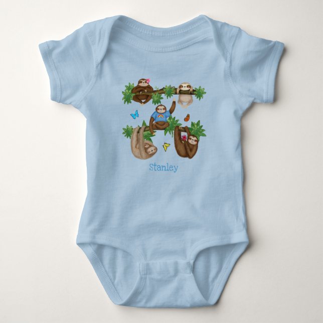 Body Para Bebê Stanley Sloth personalizou o casaco azul para bebê (Frente)