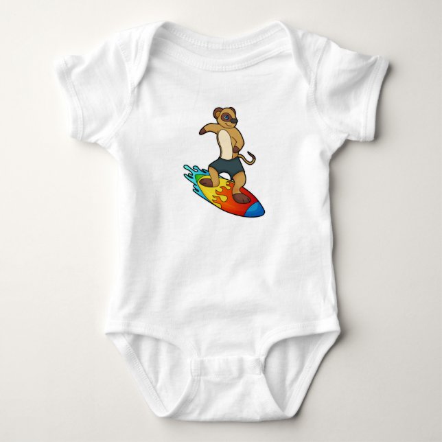Body Para Bebê Suricata como Surfista com Prancha de Surfe (Frente)