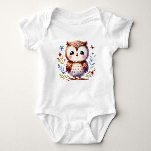 Body Para Bebê Sweet Baby Owl with Flowers | Cute Animal Art (Frente)