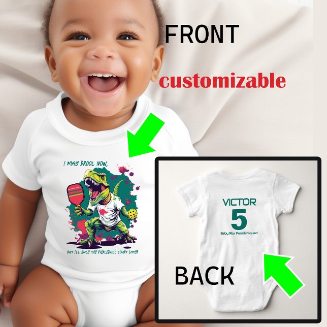 Body Para Bebê T-Shirt Engraçado com T-Rex (Cute T-rex picklball baby bady siut with custmozable text on both sides)