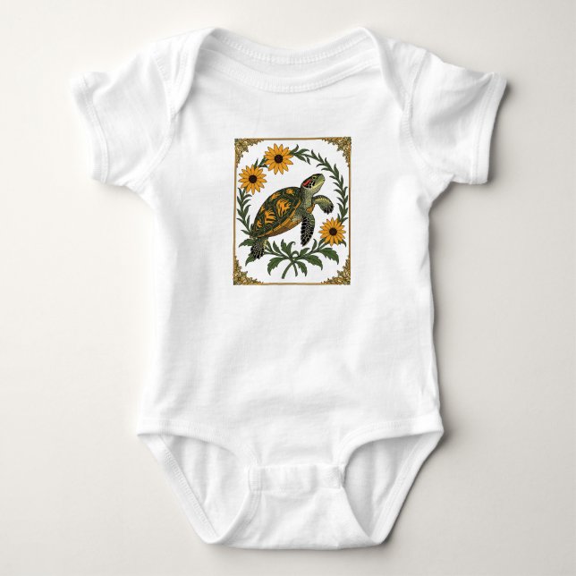 Body Para Bebê Tartaruga Diamondback E Flores Susan de Olhos Pret (Frente)