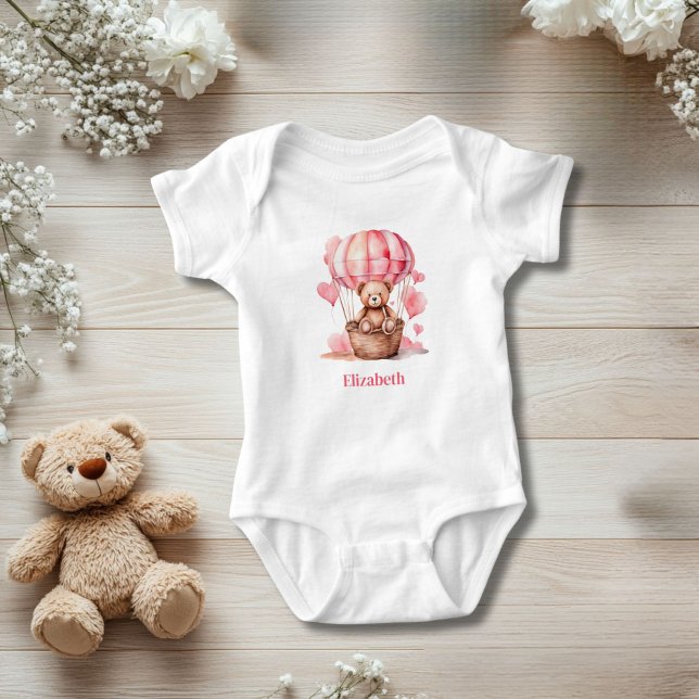 Body Para Bebê Teddy Bear Hot Air Balon Pink Girl Personalizada (Teddy Bear Pink Hot Air Balloon Personalized Baby Body suit. Baby shower or new baby gift)