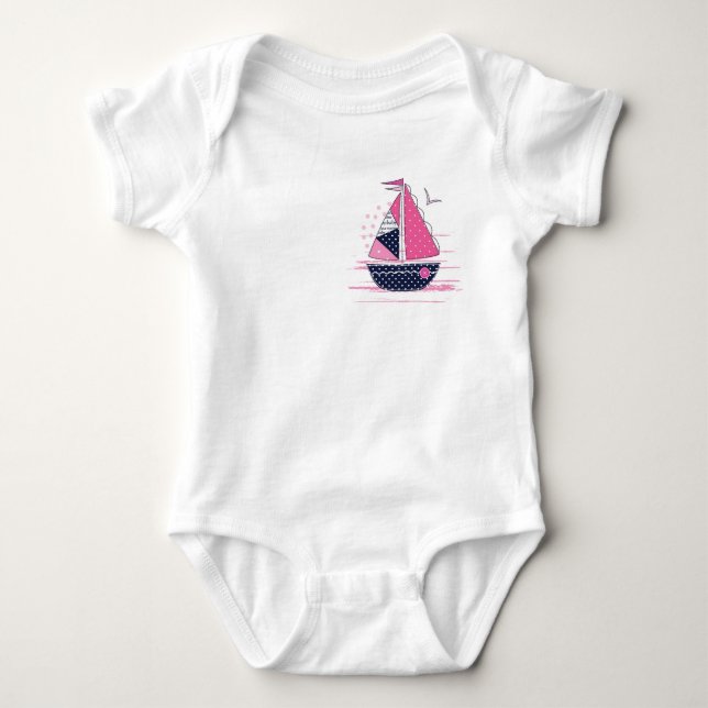 Body Para Bebê Tema Marinho Menina Barco à Vela Vela de Bolinhas  (Frente)