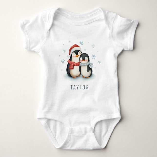 Body Para Bebê Tempo de inverno do Pinguim Gato Personalizado (Frente)