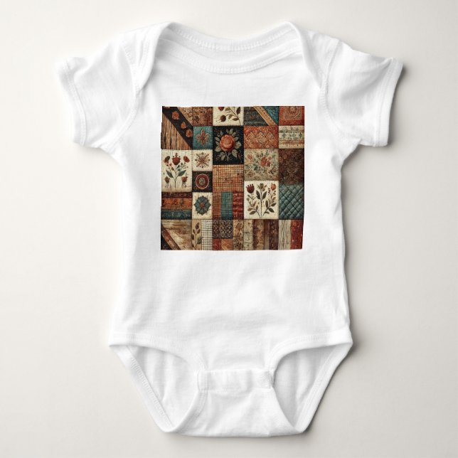 Body Para Bebê Terracotta Patchwork Rustic Retro Floral Design (Frente)