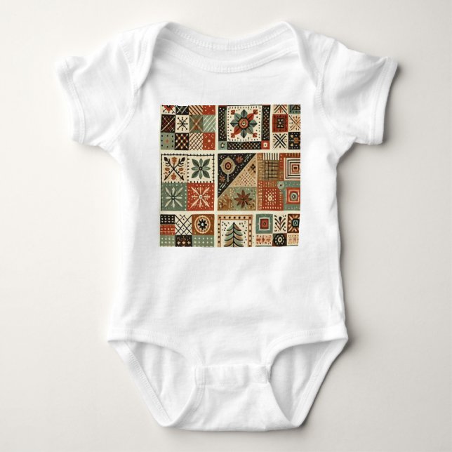 Body Para Bebê Terracotta Patchwork Rustic Retro Floral Design (Frente)