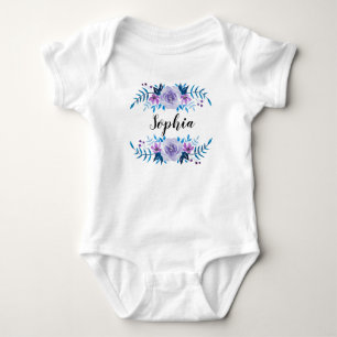 Body Para Bebê Texto Personalizado de Texto Floral Púrpura Azul-C