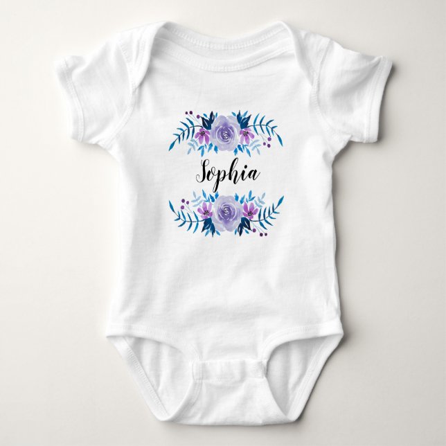 Body Para Bebê Texto Personalizado de Texto Floral Púrpura Azul-C (Frente)