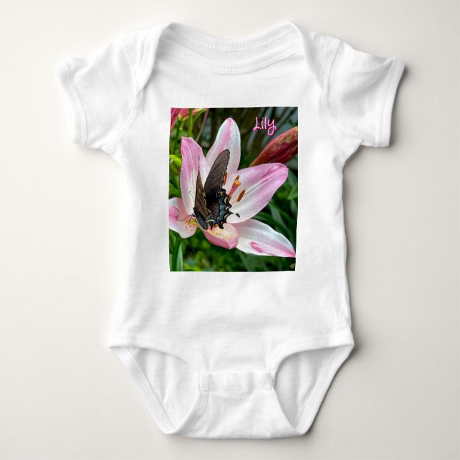 Body Para Bebê Tigre branco rosa Lilly Flower Blue Butterfly Nome (Frente)
