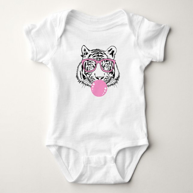 Body Para Bebê Tigre com chiclete rosa e óculos de sol rosa (Frente)