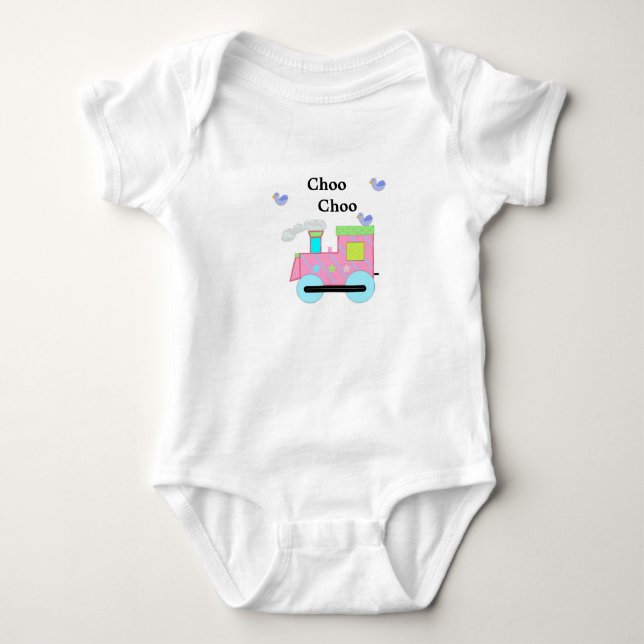 Body Para Bebê Trem Choo Choo Rosa com Pássaros Azuis (Frente)