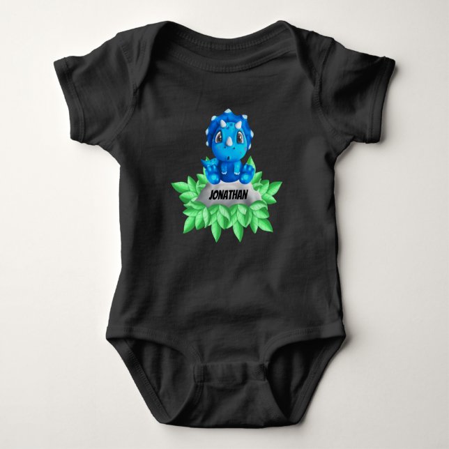 Body Para Bebê Tricerátops de Bebê Azul Dinossauro Black Bebê Rou (Frente)