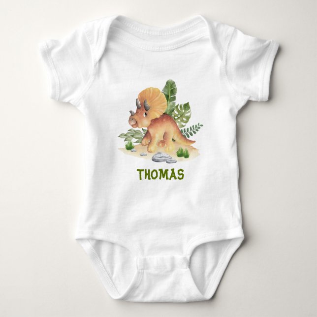 Body Para Bebê Triceratops Dinossaur Greenery Nome Personalizado (Frente)