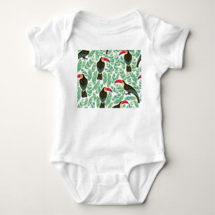 Body Para Bebê Tucanos, folhas tropicais, padrão decorativo.