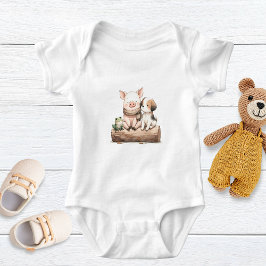 Body Para Bebê Um Porco, Sapo e Cachorro em um Tronco! Animais Be