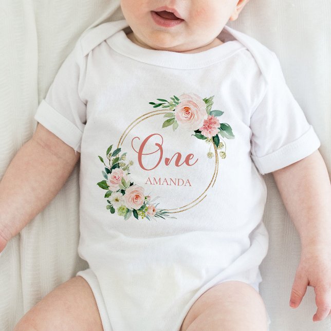 Body Para Bebê Um, primeiro aniversario Baby GIrl Blush Pink Flor (Criador carregado)