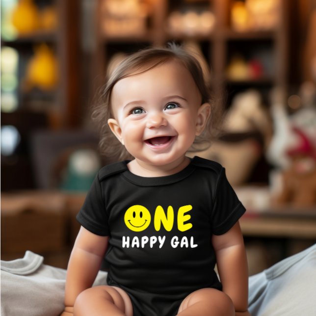 Body Para Bebê Um primeiro aniversario Gal Feliz Amarelo Smiley (Criador carregado)