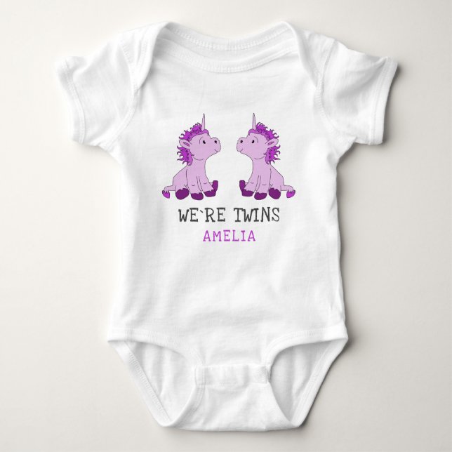 Body Para Bebê Unicorn Twin Girls Bebê Bodysim com Nome (Frente)