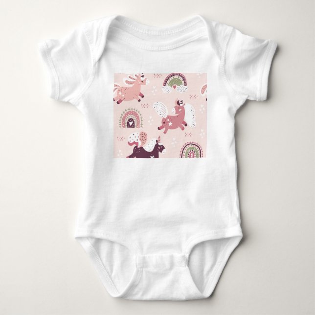 Body Para Bebê Unicórnios Arco-íris: Fundo Mágico Pastel. (Frente)