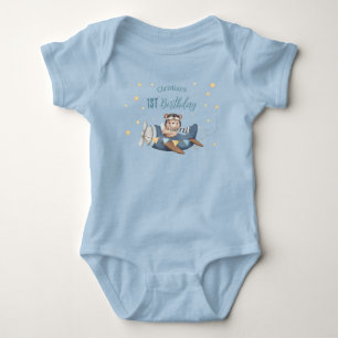 Body Para Bebê Ursa Piloto Fofa Avião Azul Vintage Aniversário