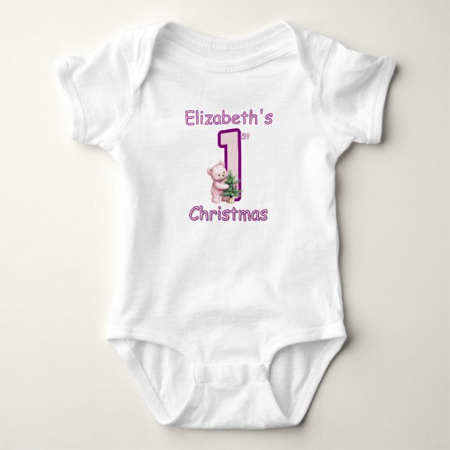 Body Para Bebê Ursinhos Rosa Primeiro Natal Alegre! (Frente)