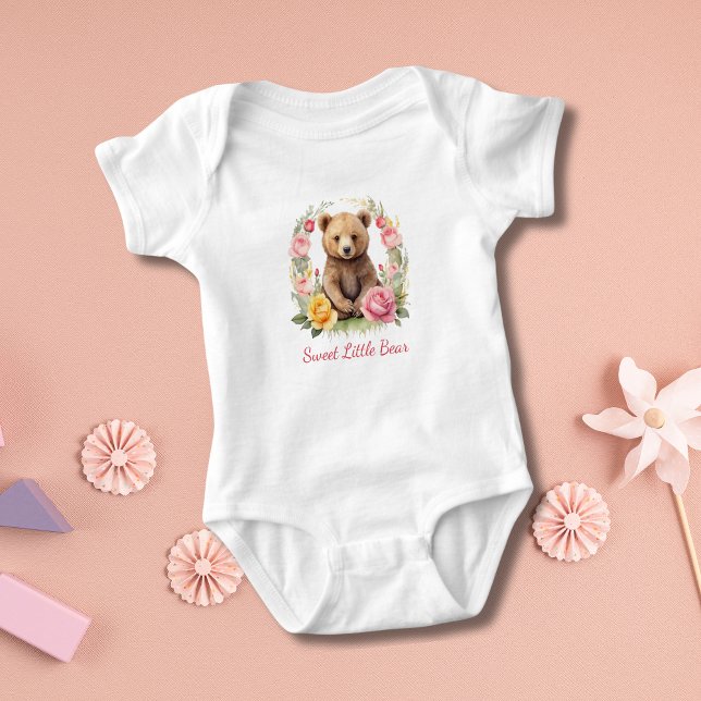 Body Para Bebê Urso de Bebê Personalizado Presente Flores Rosa Am (Personalized Baby Bear Pink Yellow Roses Flowers Baby Girl Gift Baby Shower gift)