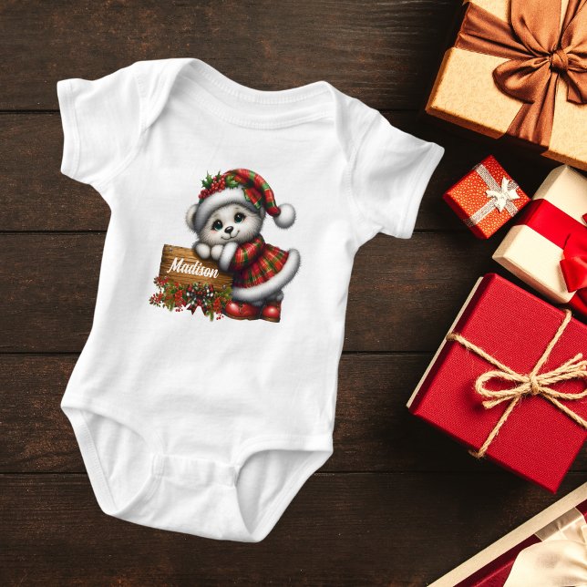 Body Para Bebê Urso de Natal de Menina Fofa Com Nome (Criador carregado)