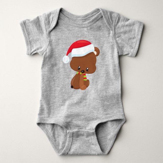Body Para Bebê Urso De Natal, Urso Bonito, Chapéu De Santa, Escar (Frente)