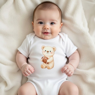 Body Para Bebê Urso de pelúcia bege com futebol em aquarela