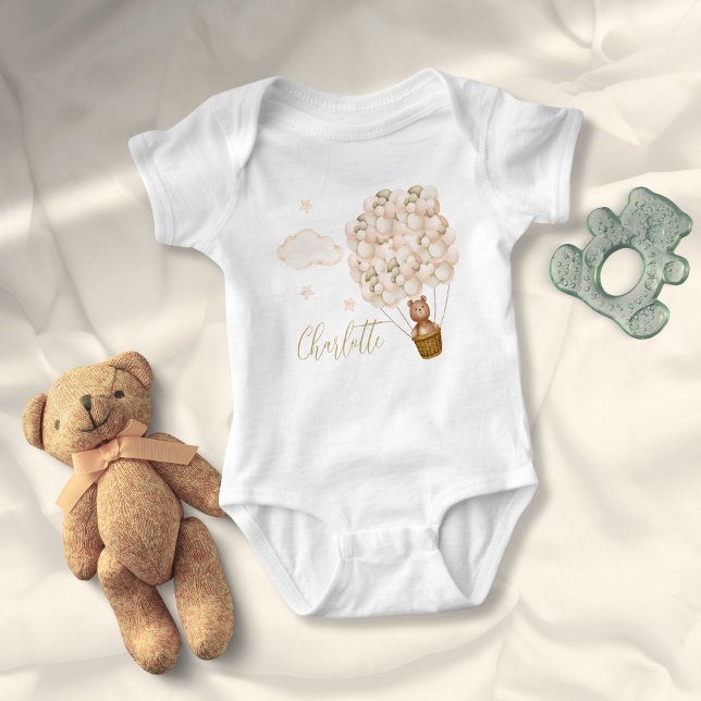 Body Para Bebê Urso de Pelúcia e Balões Roteiro Dourado (Cute Teddy Bear And Balloons Gold Script Baby Bodysuit)