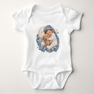 Body Para Bebê Urso de pelúcia e lua crescente azul do bebê dormi