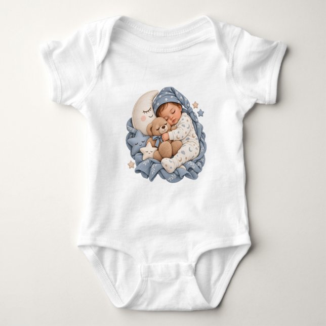 Body Para Bebê Urso de pelúcia e lua crescente azul do bebê dormi (Frente)