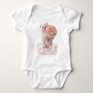 Body Para Bebê Urso de Pelúcia Fofo Segurando um Buquê de Rosas B