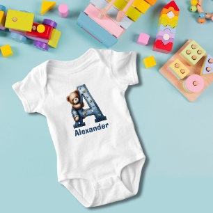 Body Para Bebê Urso de Pelúcia Monograma Denim