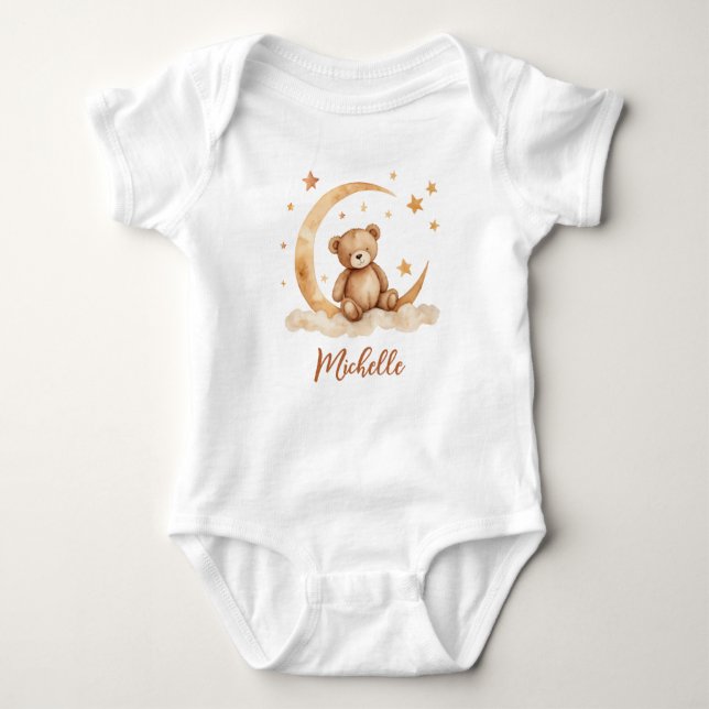 Body Para Bebê Urso Lua e Estrelas Nome Personalizado   (Frente)