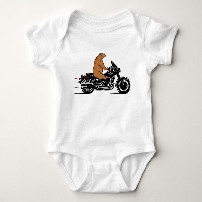 Body Para Bebê Urso marrom-timado a andar de motocicleta (Frente)