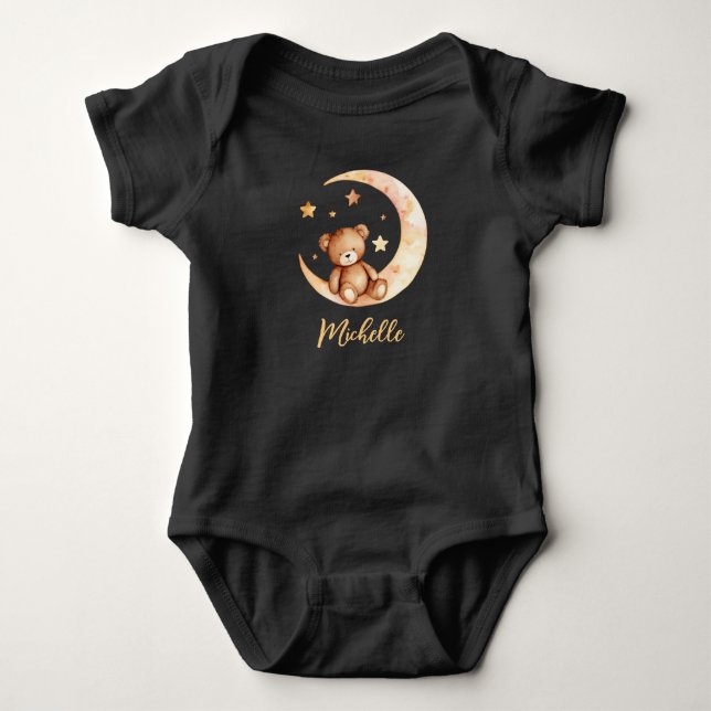 Body Para Bebê Urso Nome Personalizado Lua & Estrelas Preto (Frente)