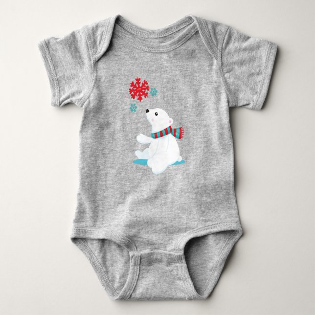 Body Para Bebê Urso Polar, Urso Com Scarf, Urso Bonito, Flocos De (Frente)
