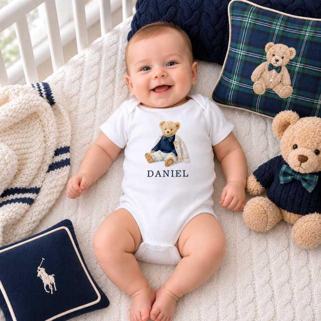 Body Para Bebê Urso Teddy Fofo e Elegante  (Preppy Teddy Bear Baby Boy Bodysuit)