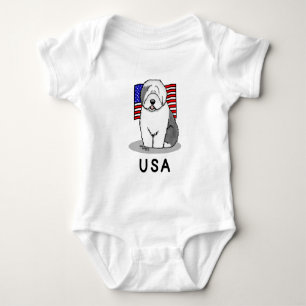 Body Para Bebê USA American Flag Old English Sheepdog (Cinza 1)