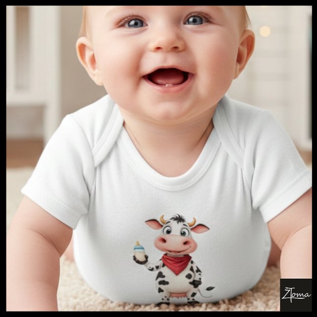 Body Para Bebê Vaca feliz com cartum de mamadeira (Criador carregado)
