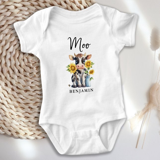 Body Para Bebê Vaca Moo-Cute Girassóis Fazendas personalizadas (Criador carregado)