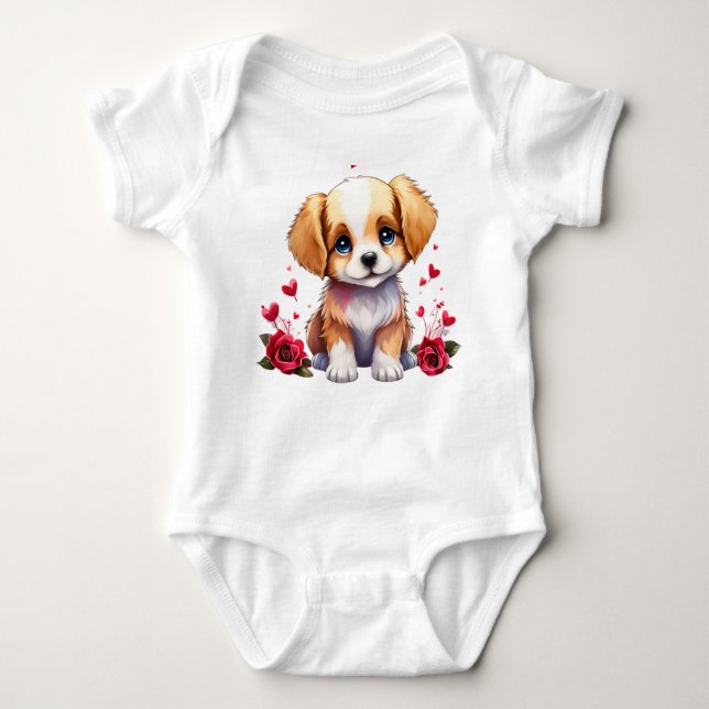 Body Para Bebê Valentine Puppy, Whimsical Valentine, Personalized (Frente)