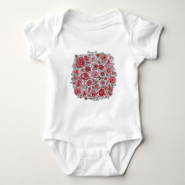 Body Para Bebê Valentine's Day Pink Red Roses Hearts Doodles  (Frente)