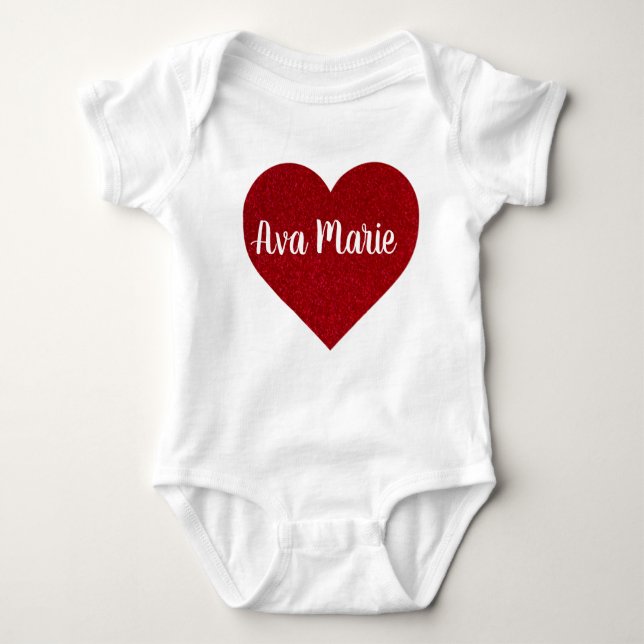 Body Para Bebê Valentines Day Red Glitter Heart with Name Cute  (Frente)