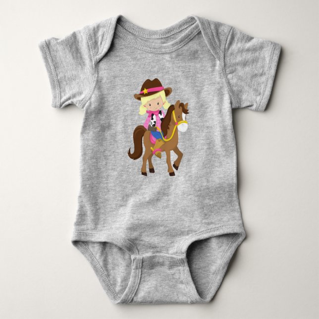 Body Para Bebê Vaqueira, Xerife, Cavalo, Faroeste, Cabelo Loiro (Frente)