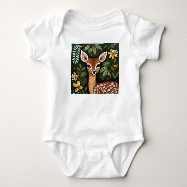 Body Para Bebê Veado bonito com folhas e flores (Frente)