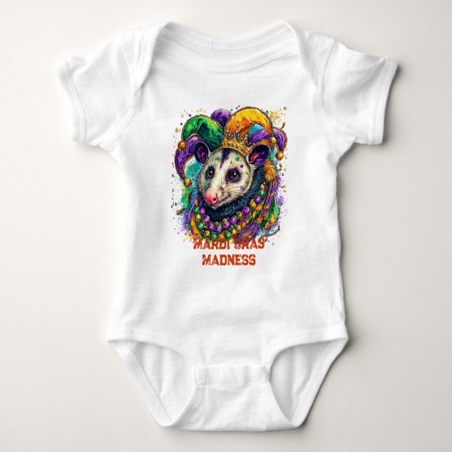 Body Para Bebê Vibrant Mardi Gras possum in jester mask and beads (Frente)