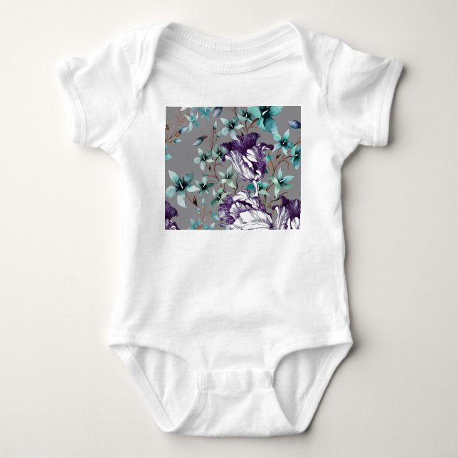 Body Para Bebê Violet Tulips: Cinzas Flores Selvagens (Frente)