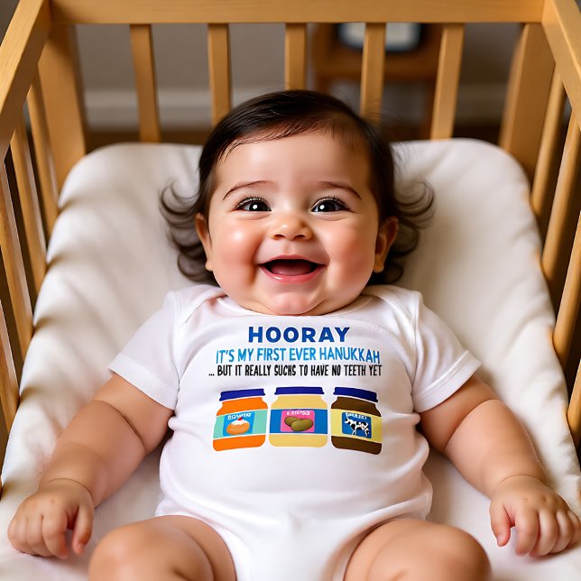 Body Para Bebê Viva! Minha rua Hanukkah - comida engraçada (Hooray! My 1st Hanukkah - funny baby food Baby Bodysuit)